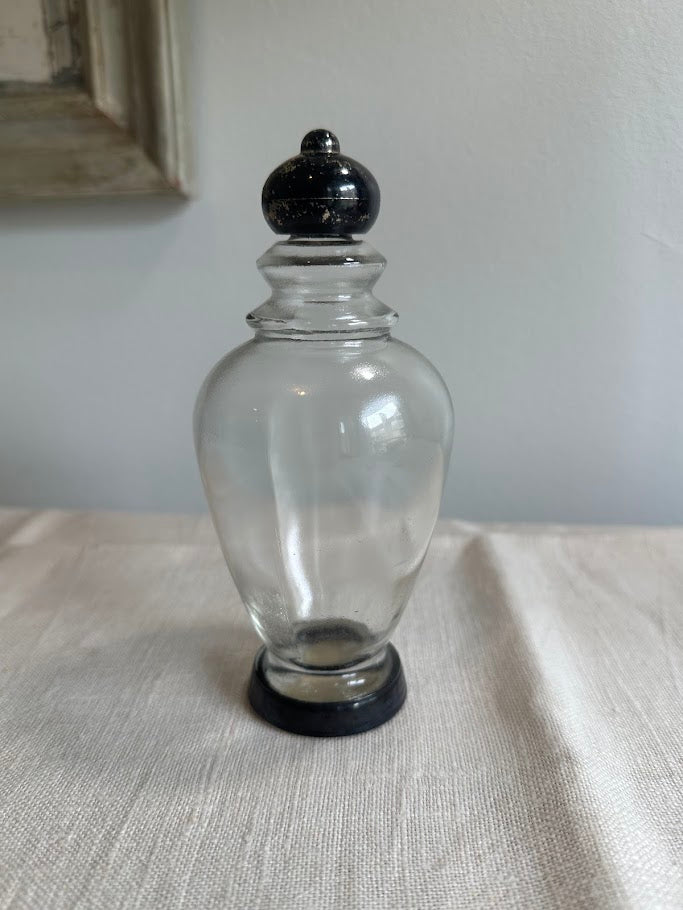 Glass Apothecary Jar with Black Painted Wooden Stopper and Base Vintage - Image 1