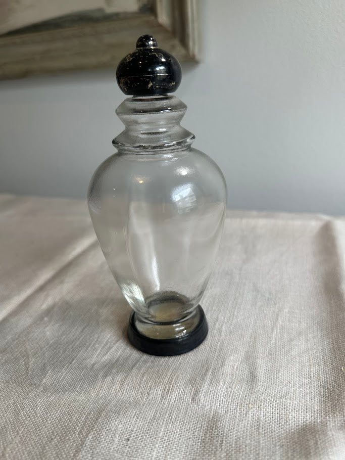 Glass Apothecary Jar with Black Painted Wooden Stopper and Base Vintage - Image 5