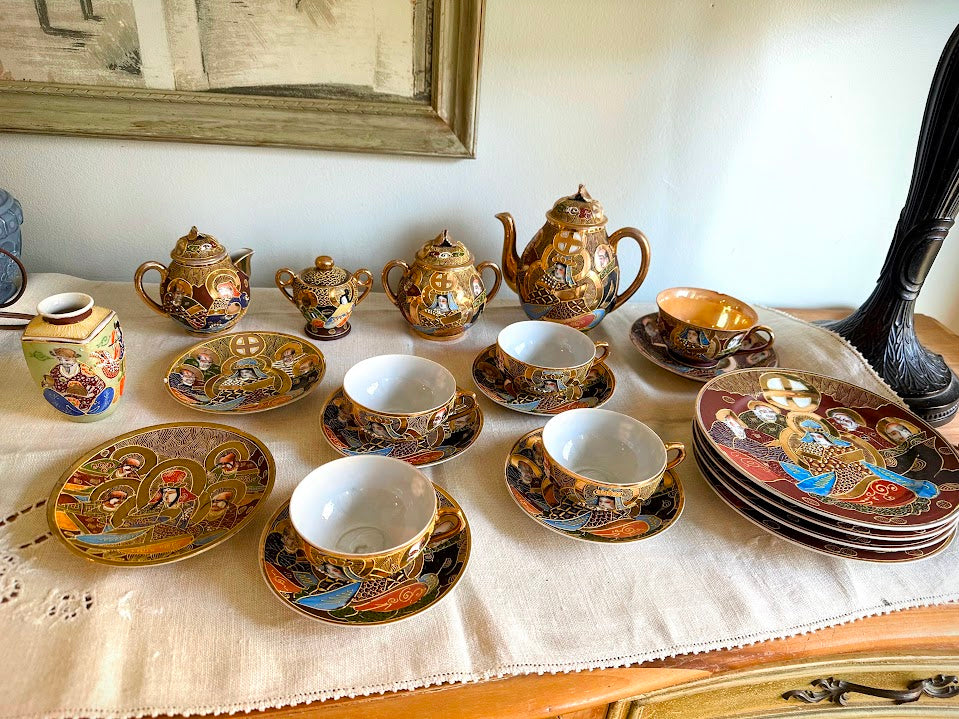 Vintage Japanese Satsuma Moriage Tea Set Gold Gilt Immortals Arhats 15+ Piece - Image 1