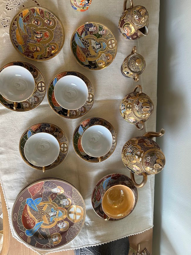 Vintage Japanese Satsuma Moriage Tea Set Gold Gilt Immortals Arhats 15+ Piece - Image 4